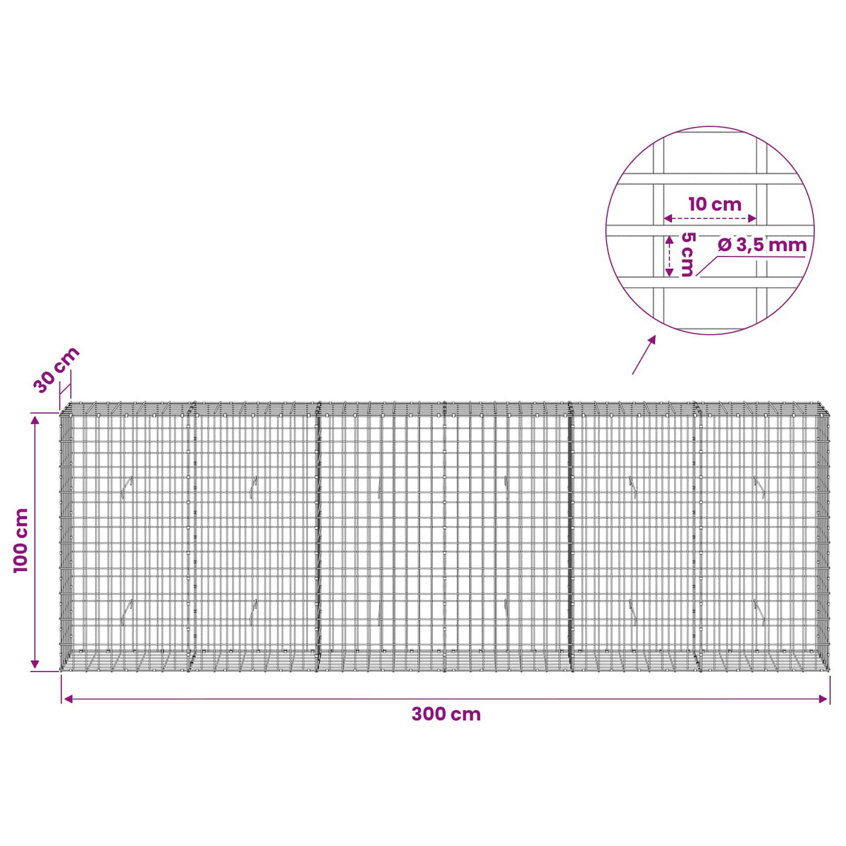 Gabionas su 3,5 mm viela ir 5x10 cm tinkleliu 300x30x100 cm