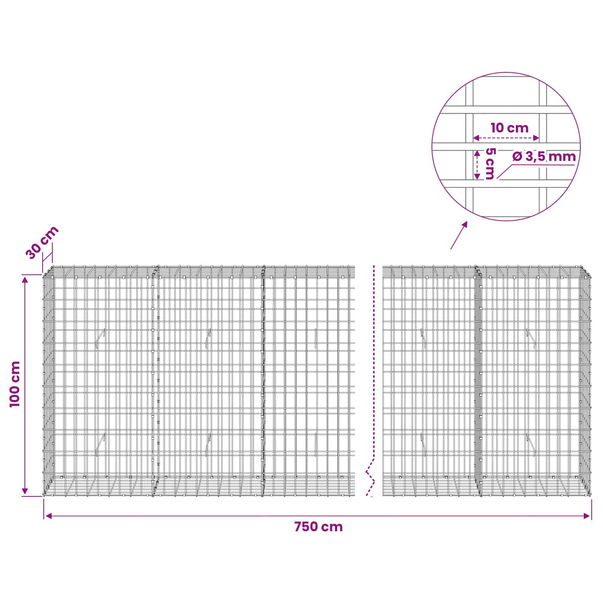 Gabionas su 3,5 mm viela ir 5x10 cm tinkleliu 750x30x100 cm