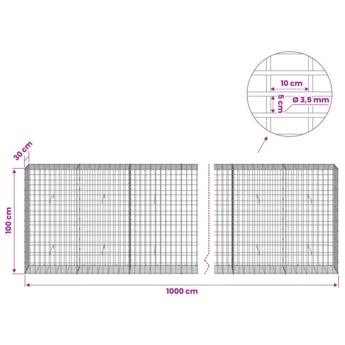 Gabionas su 3,5 mm viela ir 5x10 cm tinkleliu 1000x30x100 cm