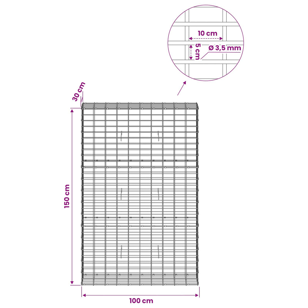 Gabionas su 3,5 mm viela ir 5x10 cm tinkleliu 100x30x150 cm