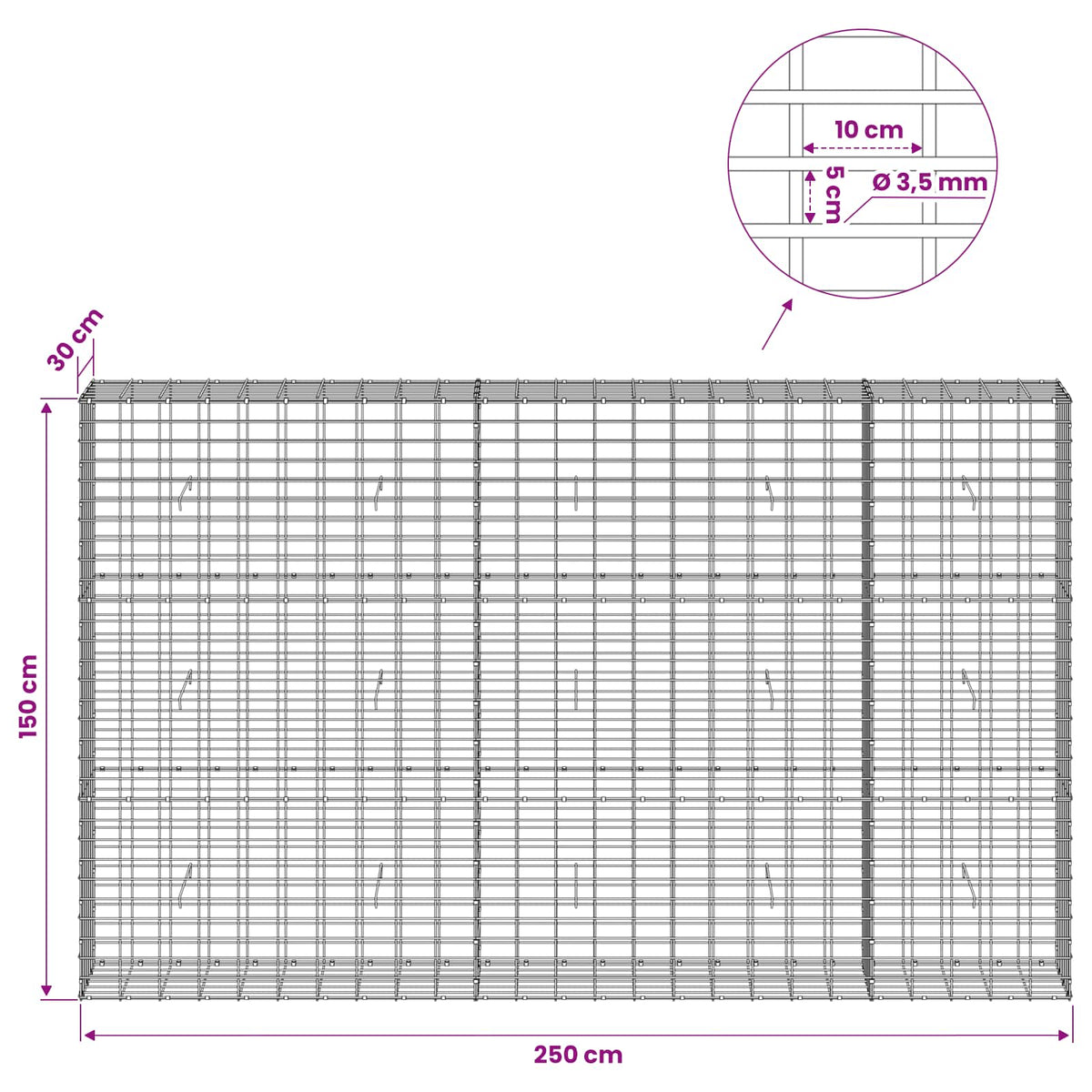 Gabionas su 3,5 mm viela ir 5x10 cm tinkleliu 250x30x150 cm