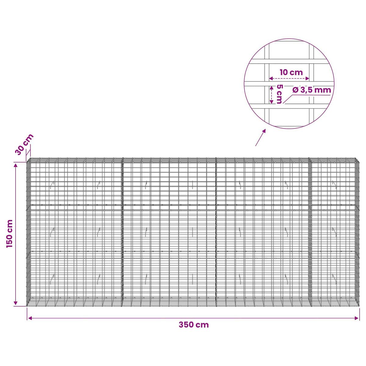 Gabionas su 3,5 mm viela ir 5x10 cm tinkleliu 350x30x150 cm
