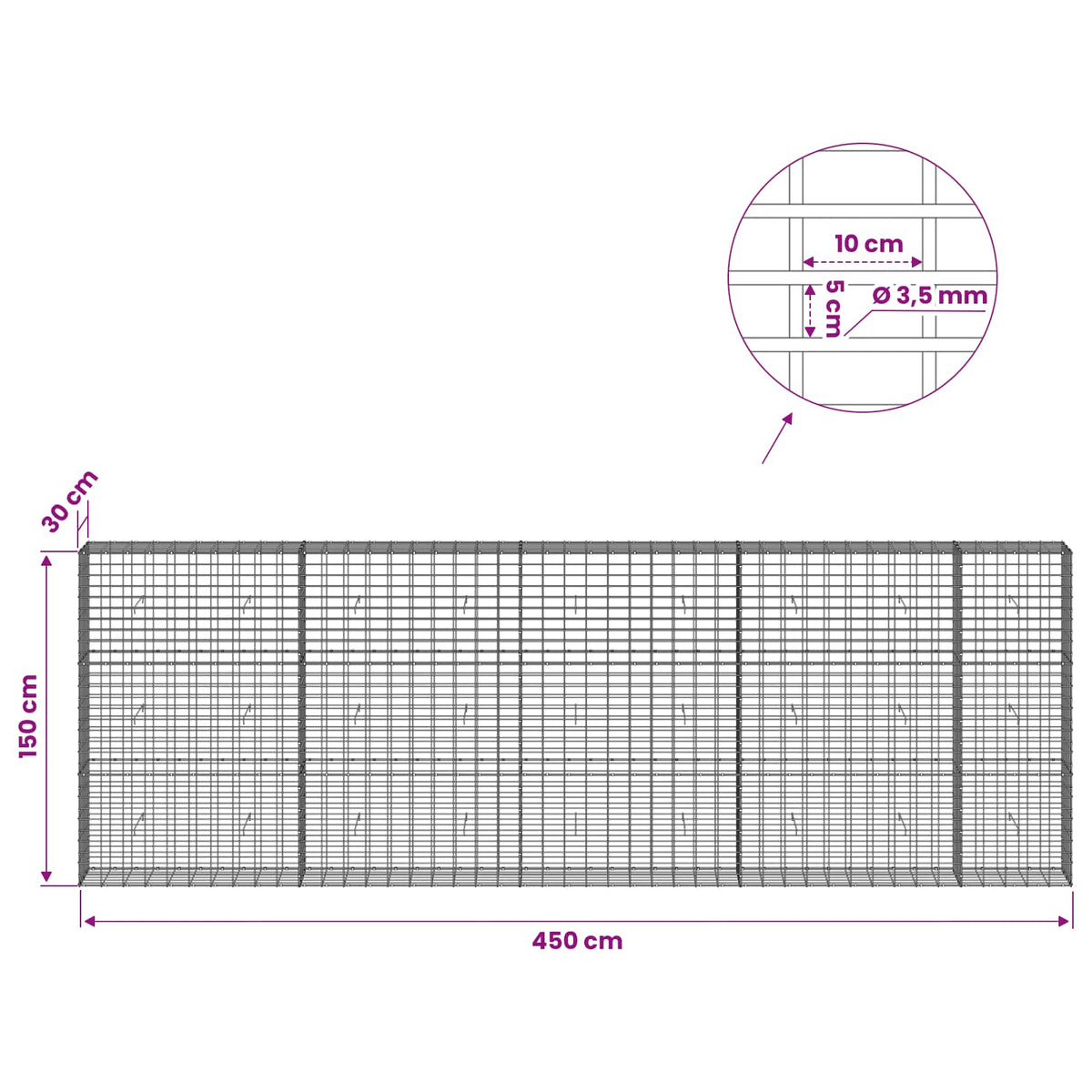 Gabionas su 3,5 mm viela ir 5x10 cm tinkleliu 450x30x150 cm