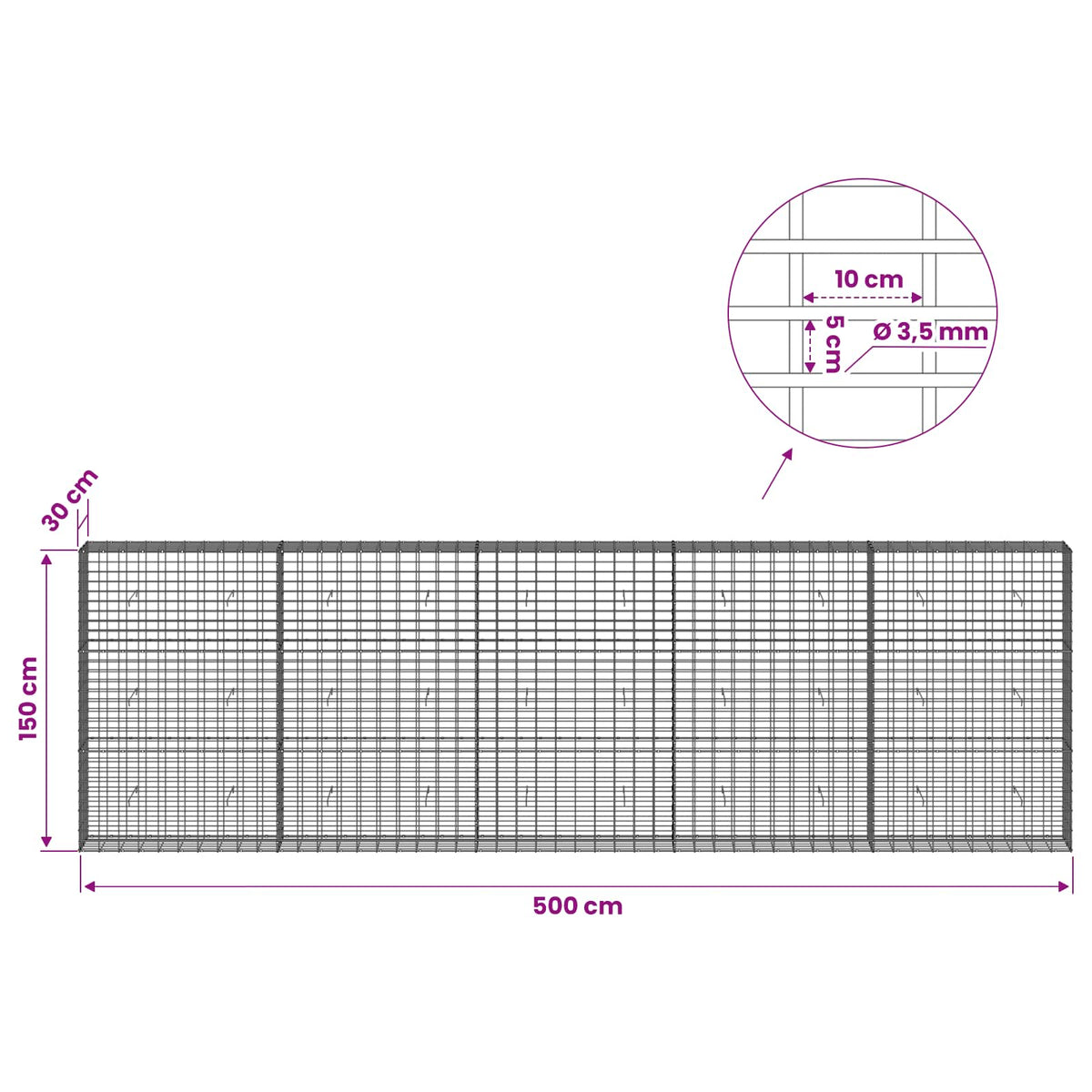 Gabionas su 3,5 mm viela ir 5x10 cm tinkleliu 500x30x150 cm