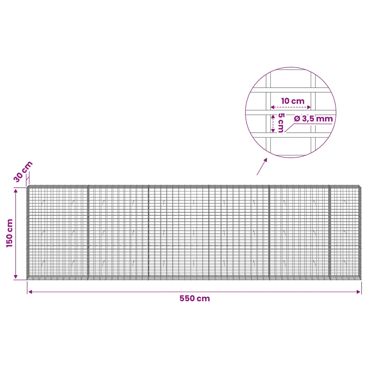 Gabionas su 3,5 mm viela ir 5x10 cm tinkleliu 550x30x150 cm