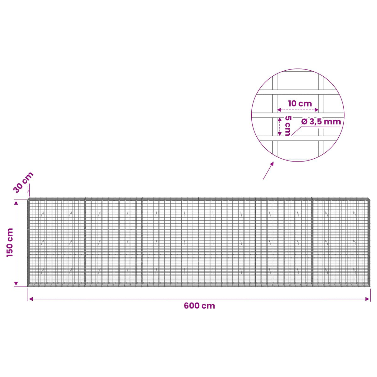 Gabionas su 3,5 mm viela ir 5x10 cm tinkleliu 600x30x150 cm