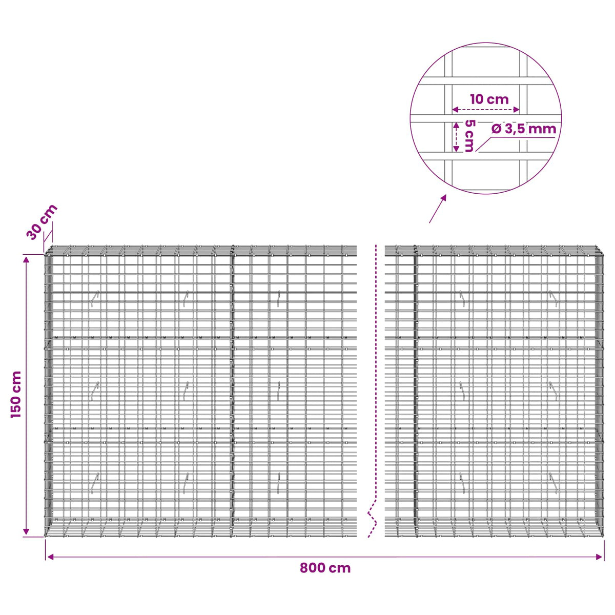 Gabionas su 3,5 mm viela ir 5x10 cm tinkleliu 800x30x150 cm
