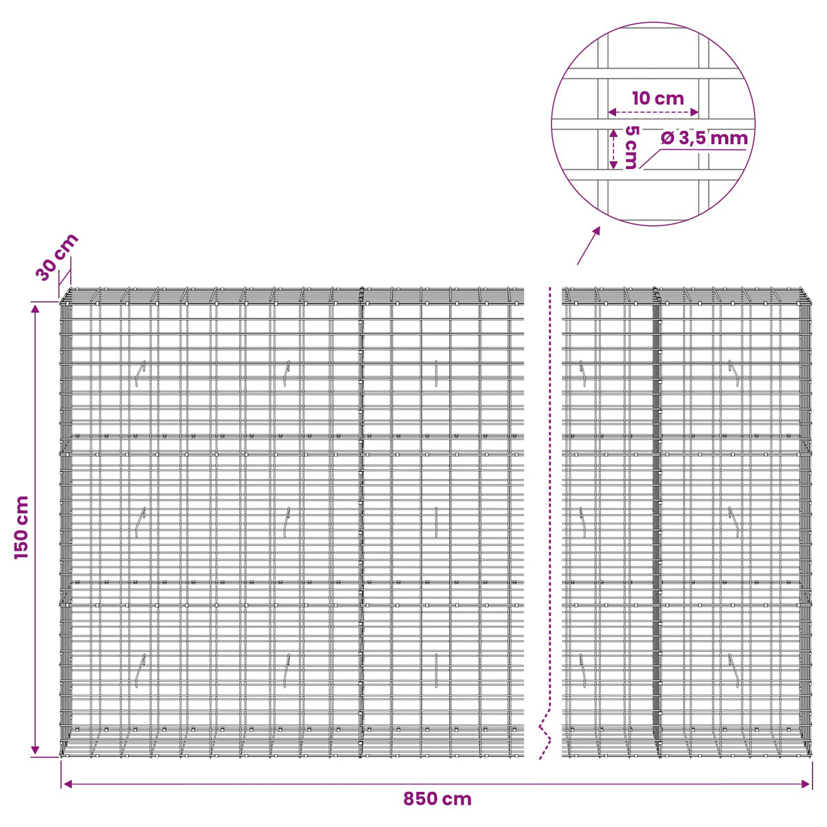 Gabionas su 3,5 mm viela ir 5x10 cm tinkleliu 850x30x150 cm