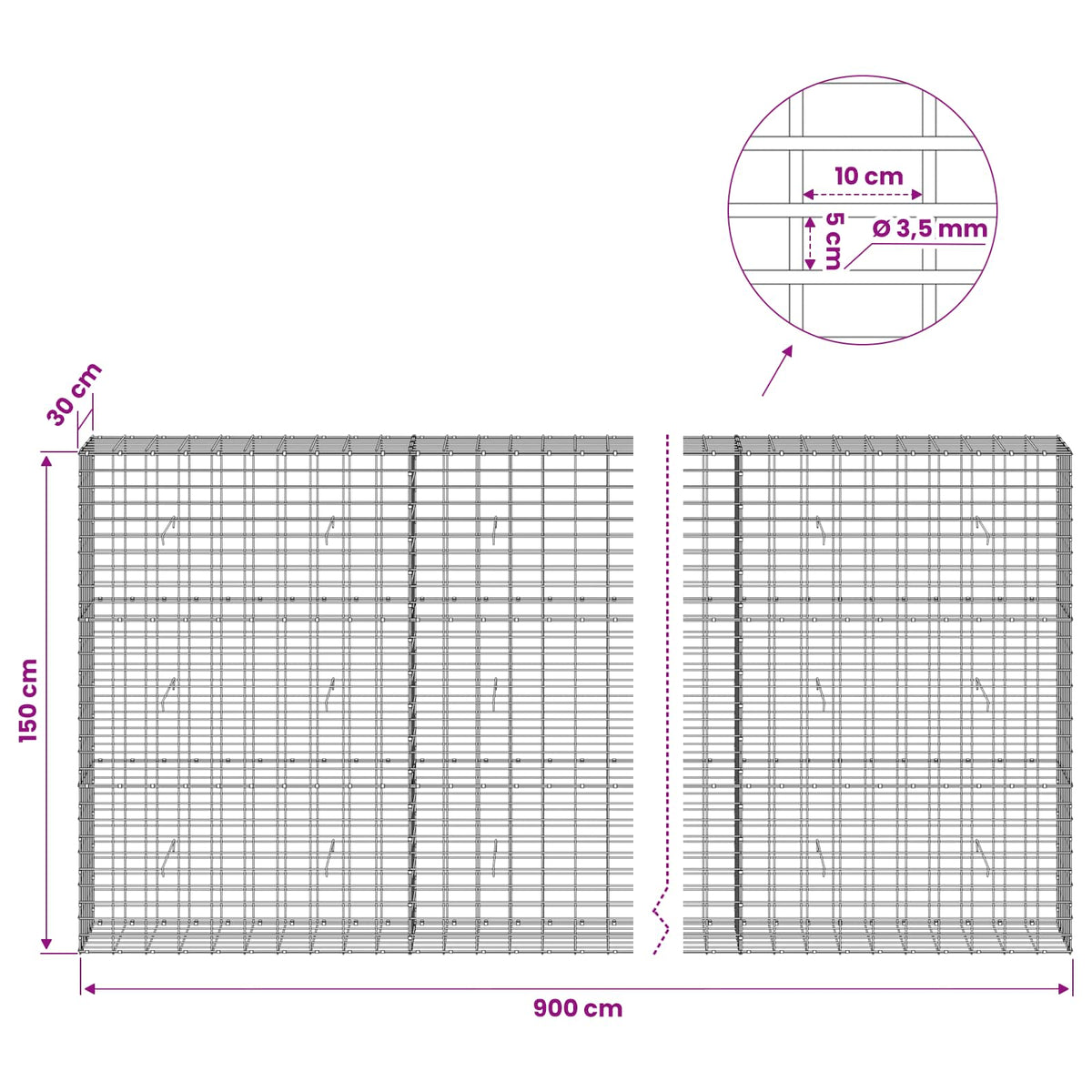 Gabionas su 3,5 mm viela ir 5x10 cm tinkleliu 900x30x150 cm