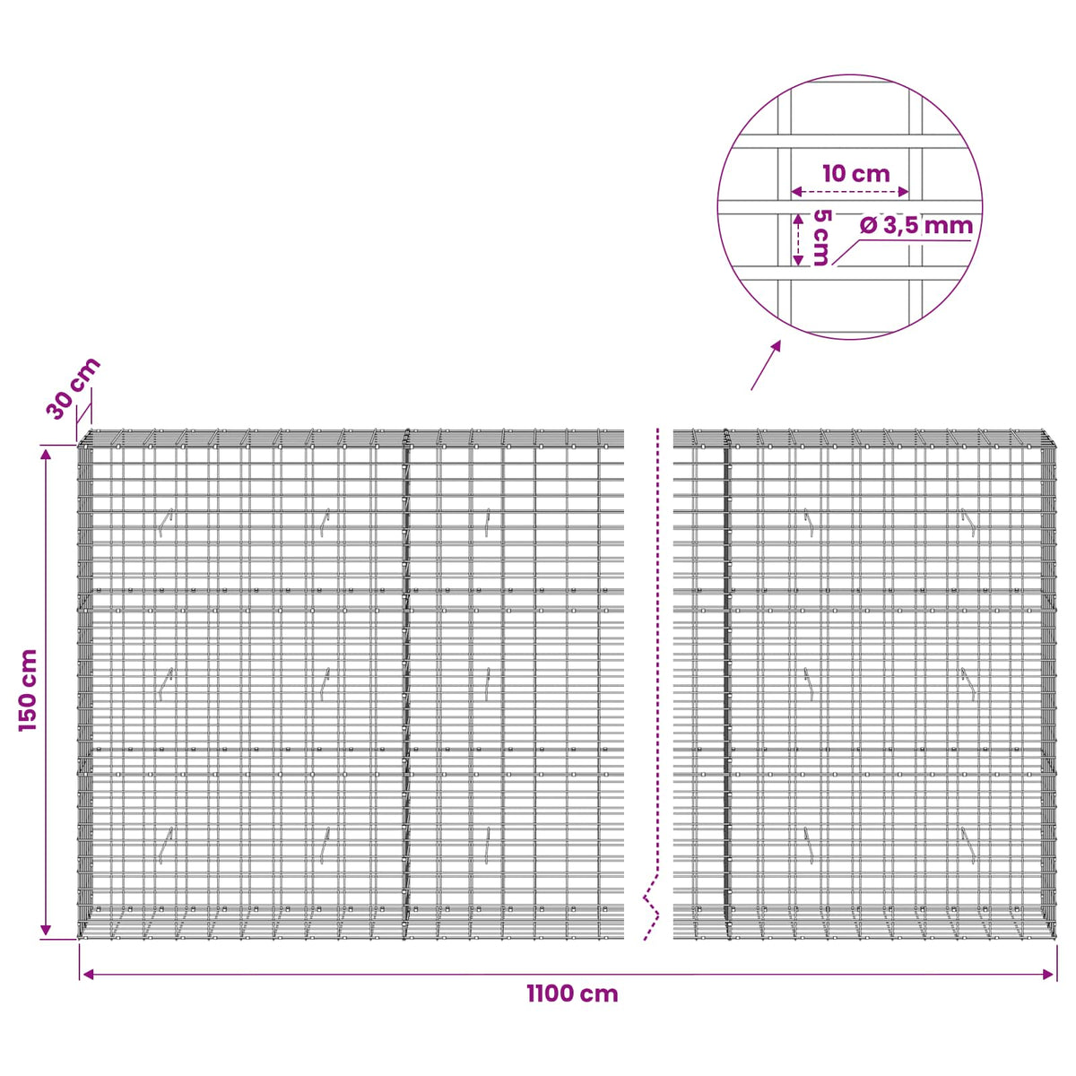 Gabionas su 3,5 mm viela ir 5x10 cm tinkleliu 1100x30x150 cm