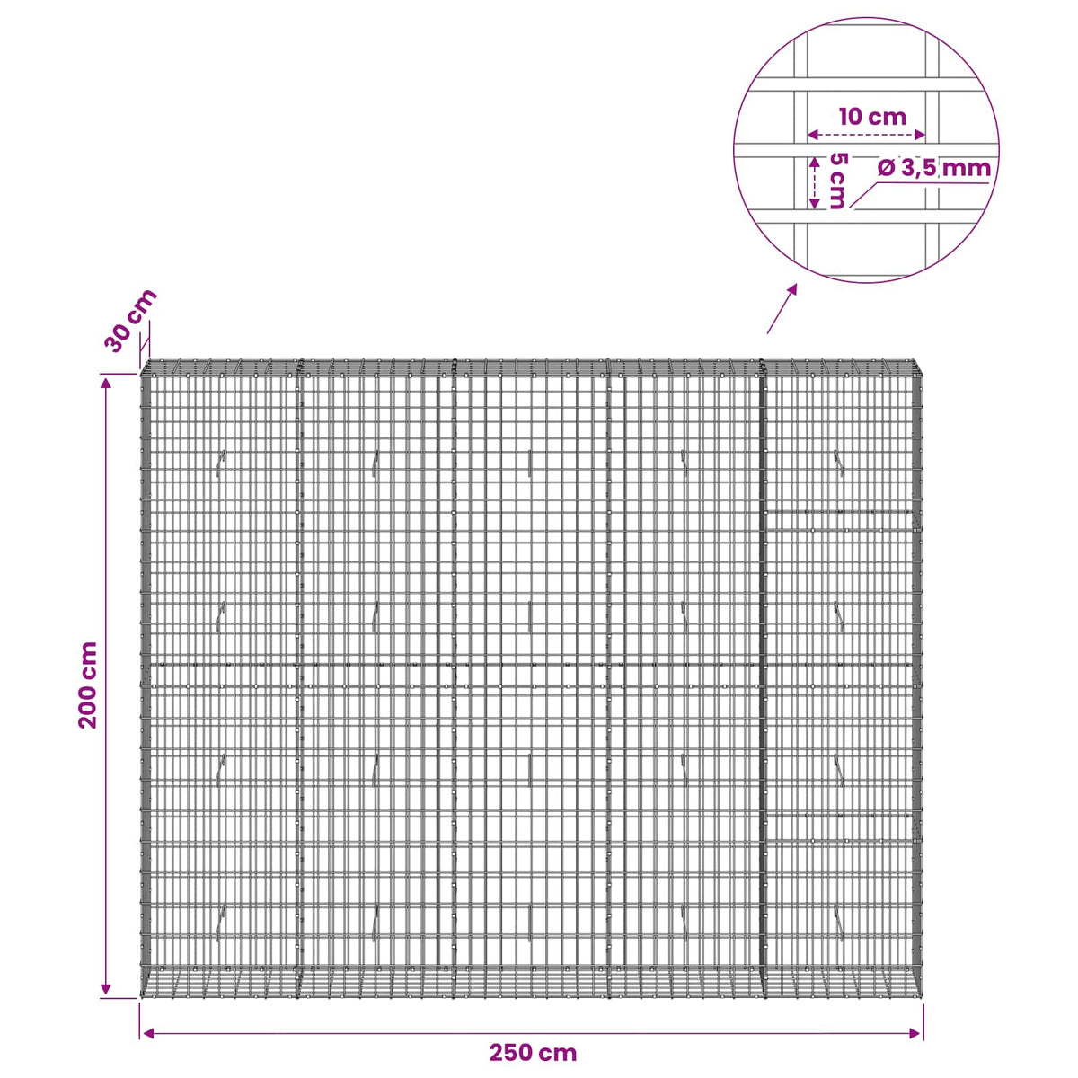 Gabionas su 3,5 mm viela ir 5x10 cm tinkleliu 250x30x200 cm
