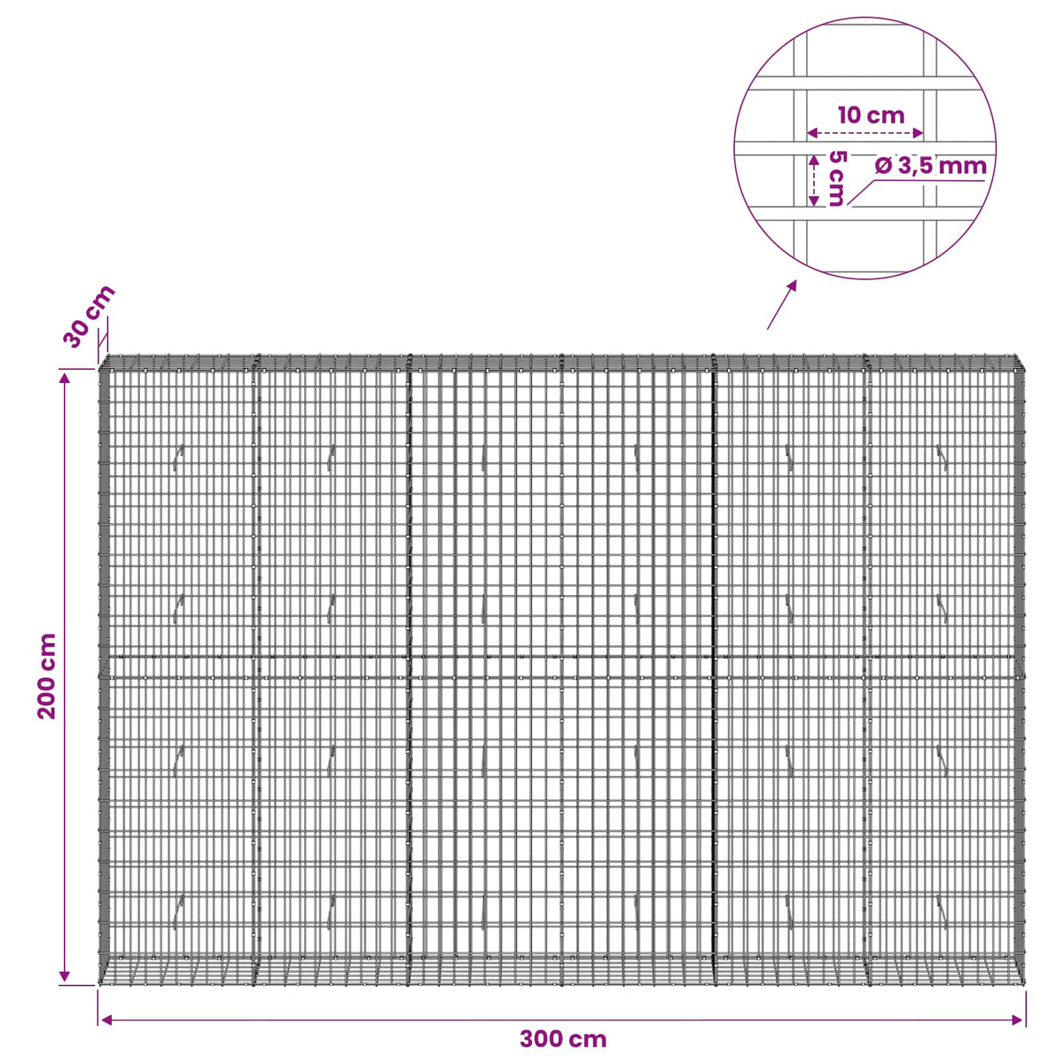 Gabionas su 3,5 mm viela ir 5x10 cm tinkleliu 300x30x200 cm
