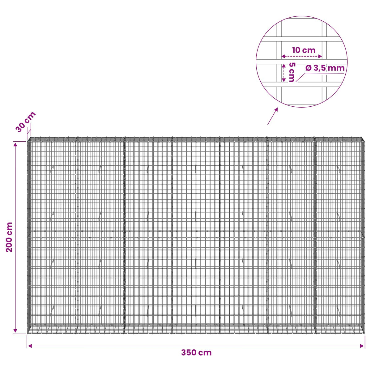 Gabionas su 3,5 mm viela ir 5x10 cm tinkleliu 350x30x200 cm