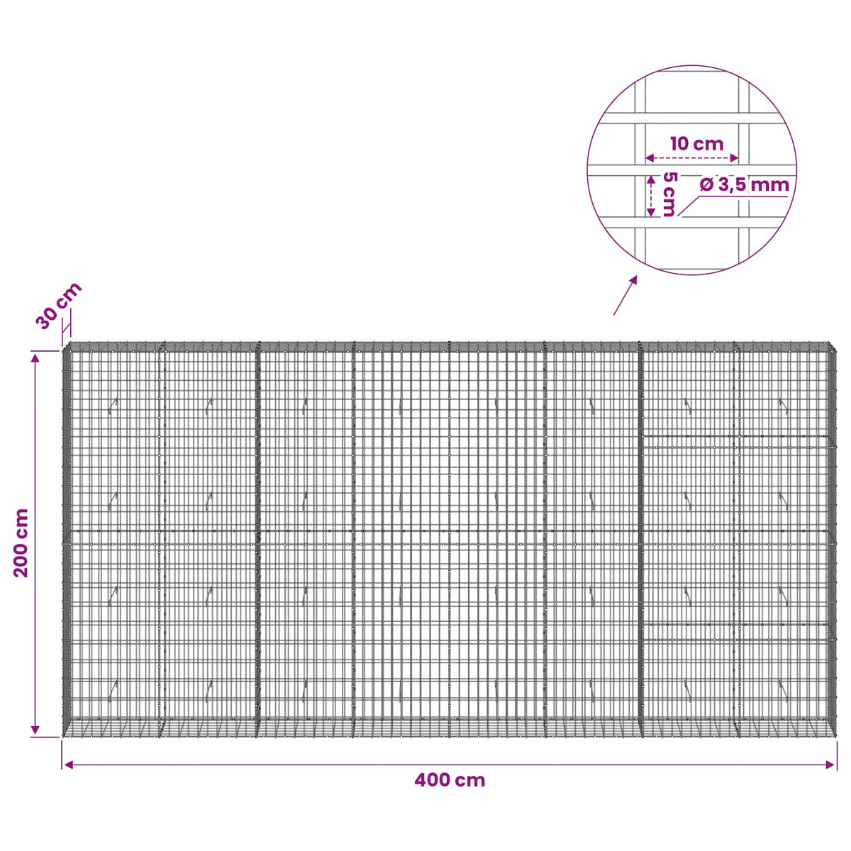 Gabionas su 3,5 mm viela ir 5x10 cm tinkleliu 400x30x200 cm
