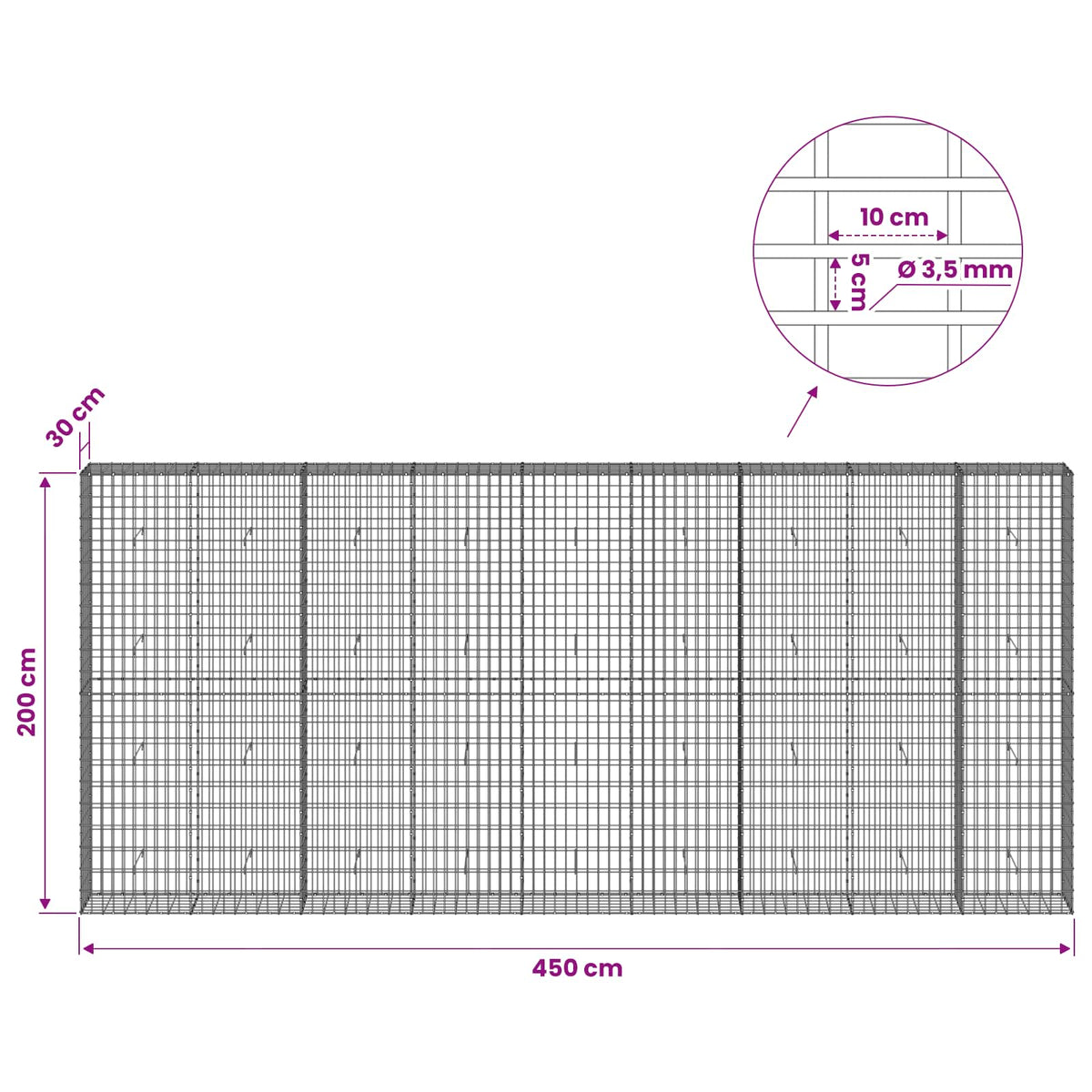 Gabionas su 3,5 mm viela ir 5x10 cm tinkleliu 450x30x200 cm