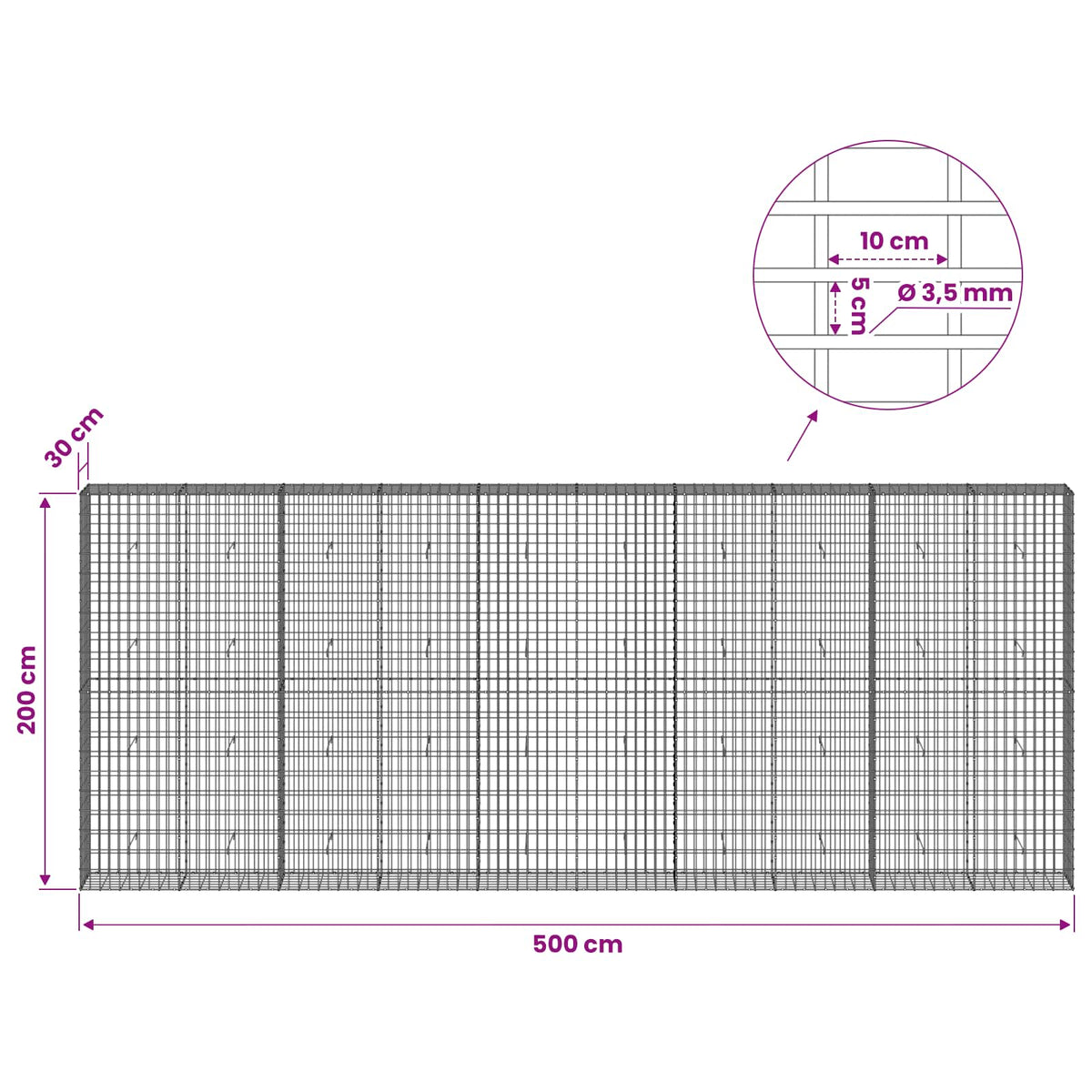 Gabionas su 3,5 mm viela ir 5x10 cm tinkleliu 500x30x200 cm