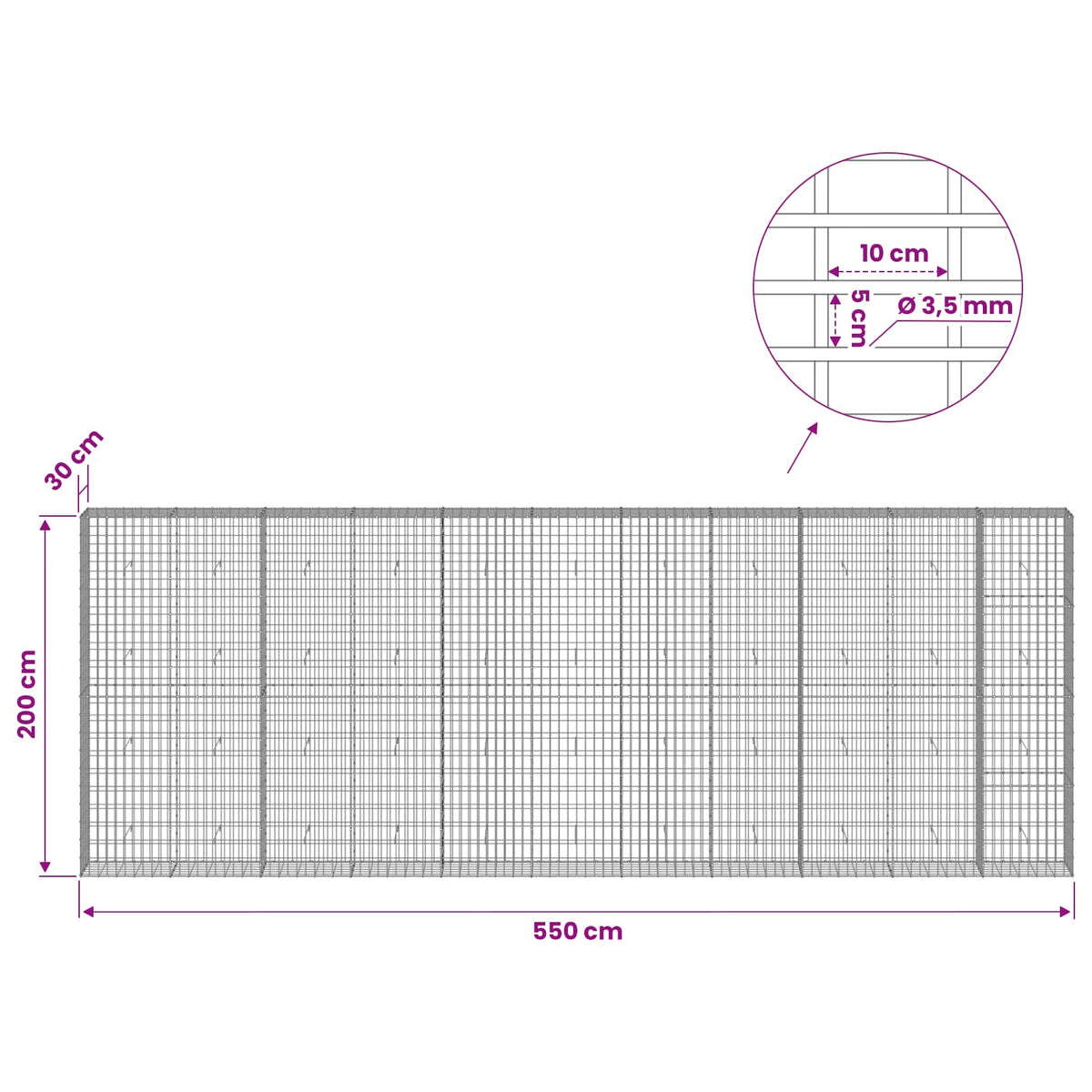 Gabionas su 3,5 mm viela ir 5x10 cm tinkleliu 550x30x200 cm
