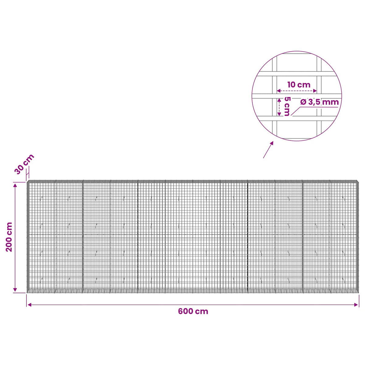 Gabionas su 3,5 mm viela ir 5x10 cm tinkleliu 600x30x200 cm