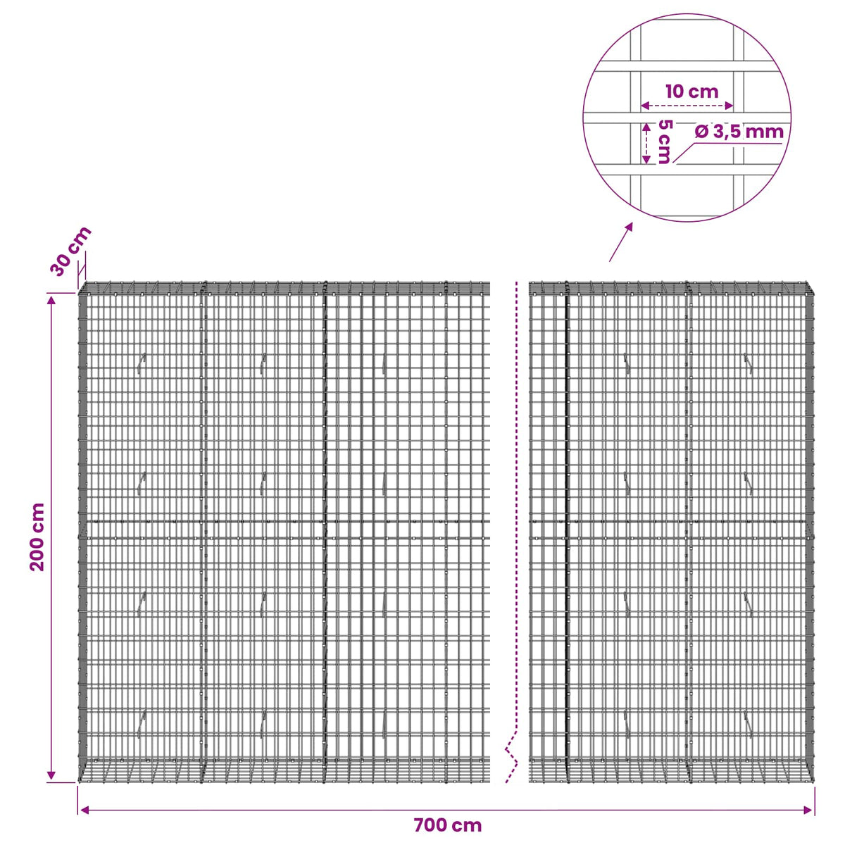 Gabionas su 3,5 mm viela ir 5x10 cm tinkleliu 700x30x200 cm