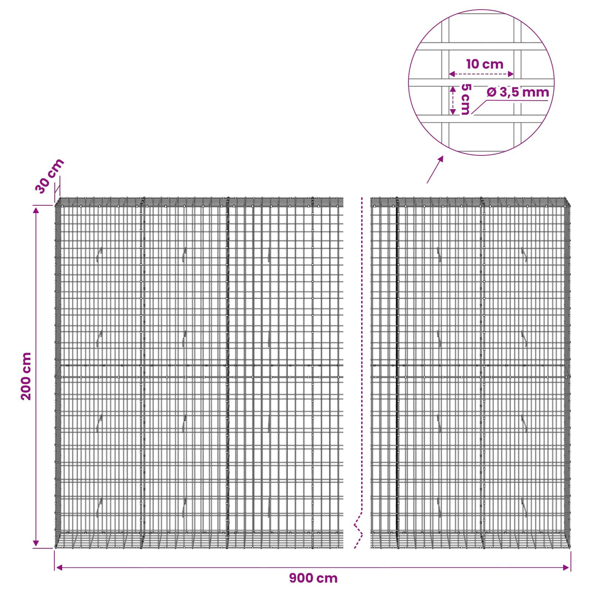 Gabionas su 3,5 mm viela ir 5x10 cm tinkleliu 900x30x200 cm
