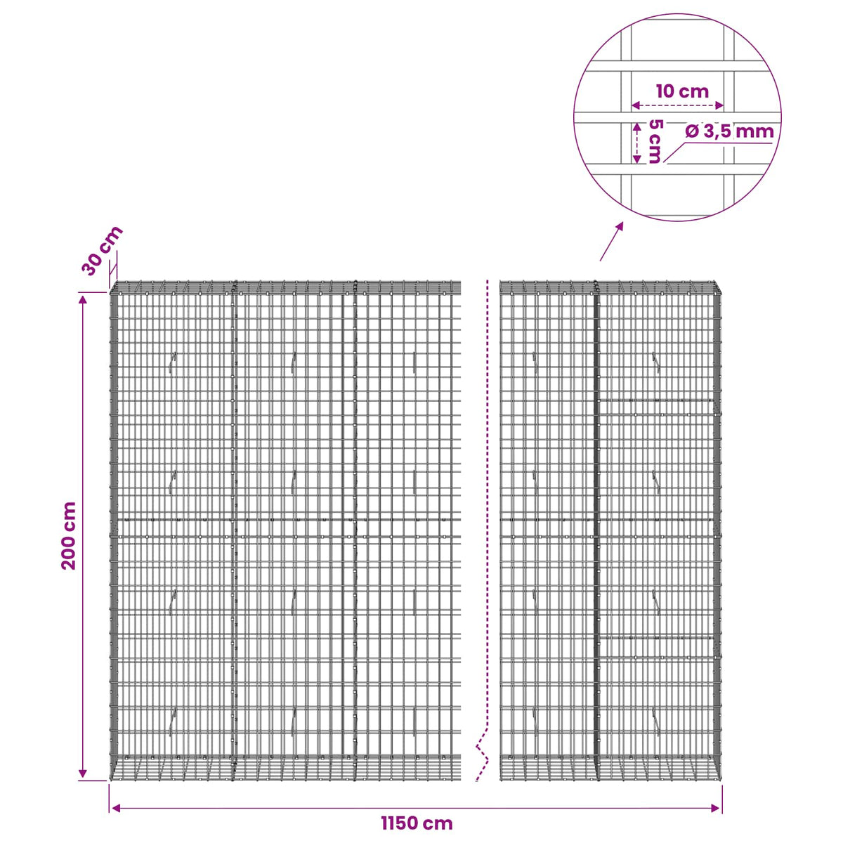 Gabionas su 3,5 mm viela ir 5x10 cm tinkleliu 1150x30x200 cm