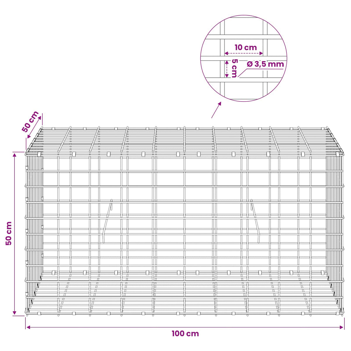 Gabionas su 3,5 mm viela ir 5x10 cm tinkleliu 100x50x50 cm