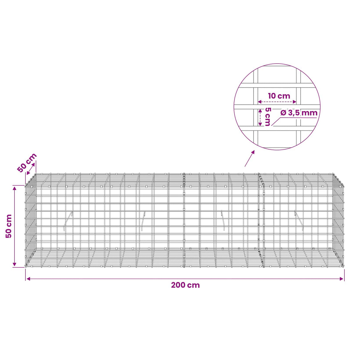 Gabionas su 3,5 mm viela ir 5x10 cm tinkleliu 200x50x50 cm
