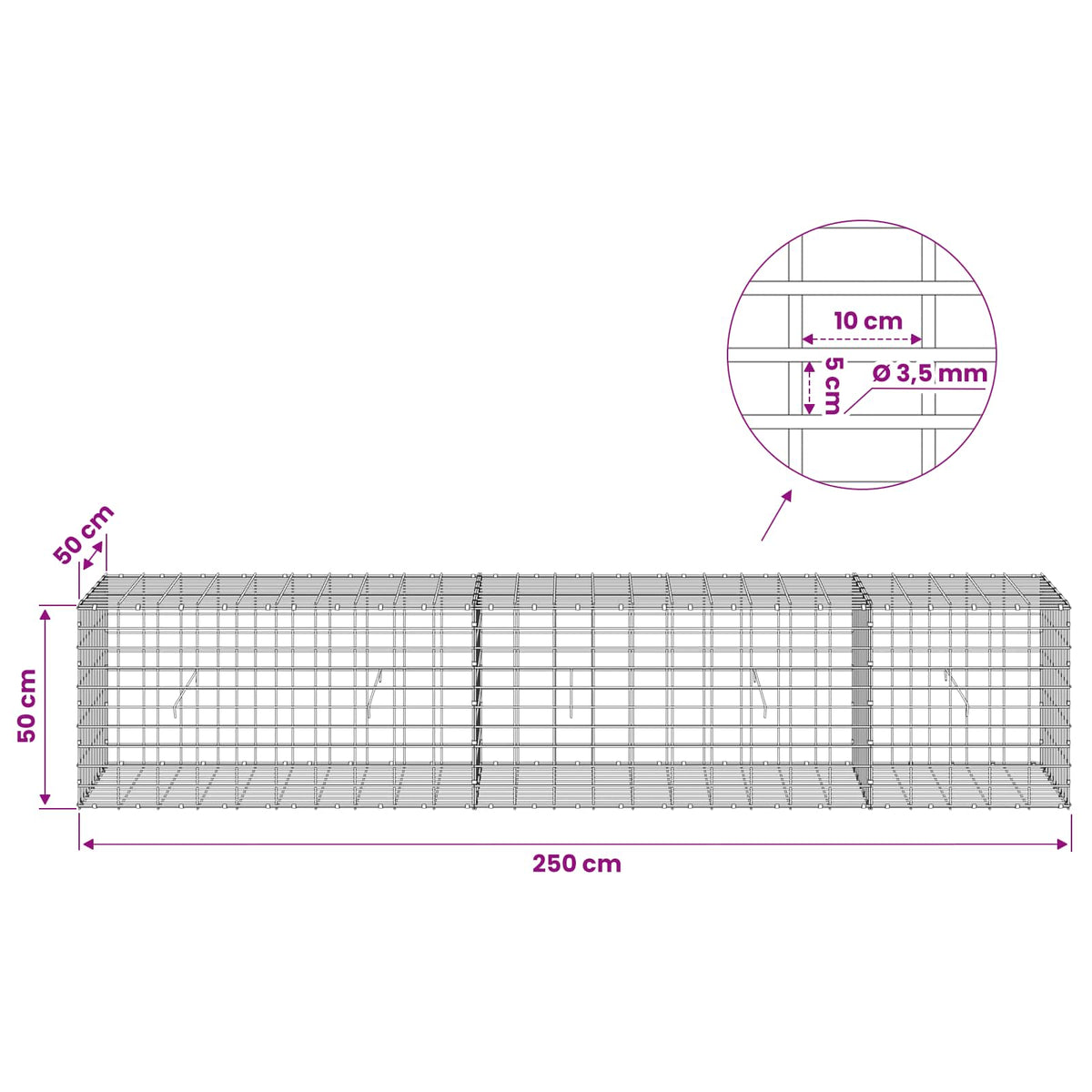 Gabionas su 3,5 mm viela ir 5x10 cm tinkleliu 250x50x50 cm