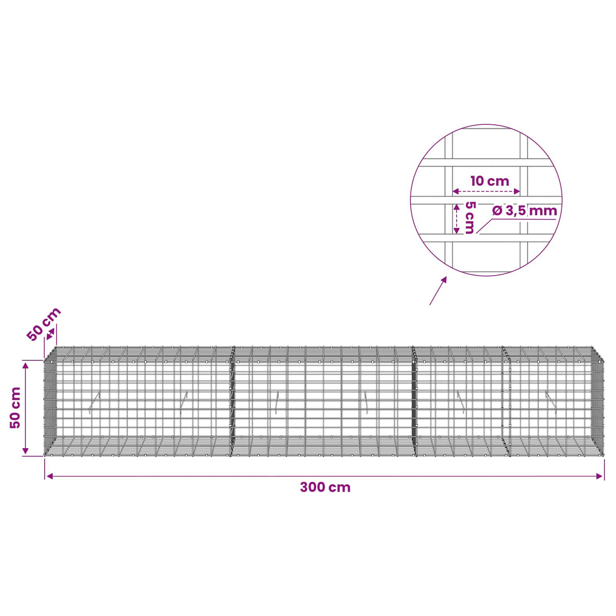 Gabionas su 3,5 mm viela ir 5x10 cm tinkleliu 300x50x50 cm