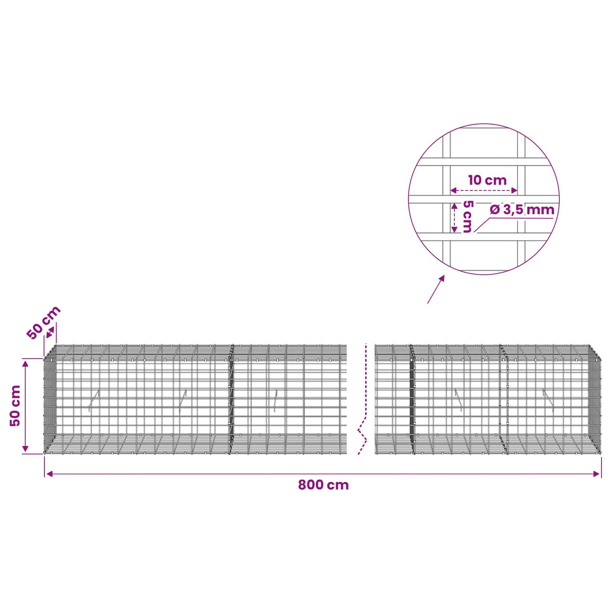 Gabionas su 3,5 mm viela ir 5x10 cm tinkleliu 800x50x50 cm