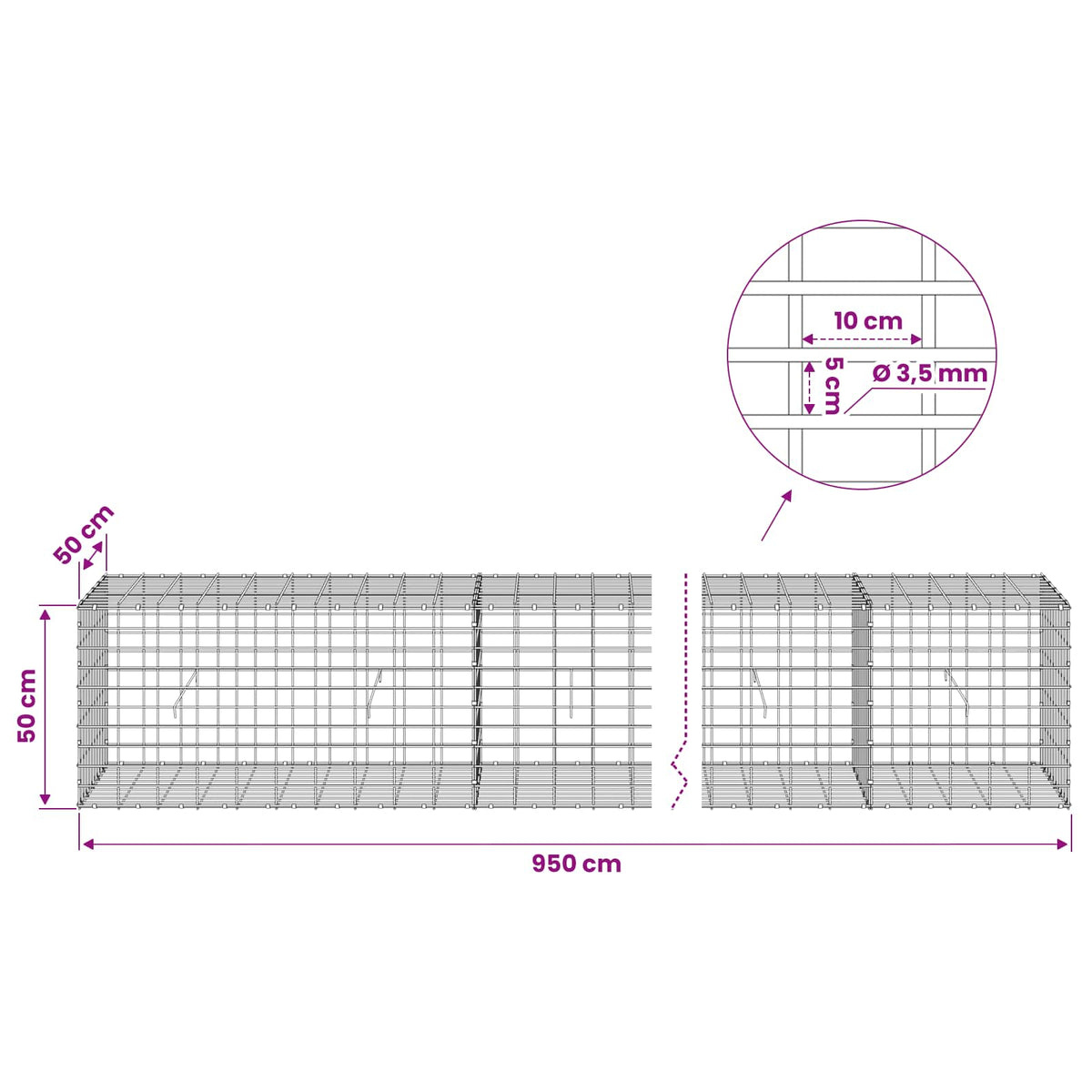 Gabionas su 3,5 mm viela ir 5x10 cm tinkleliu 950x50x50 cm