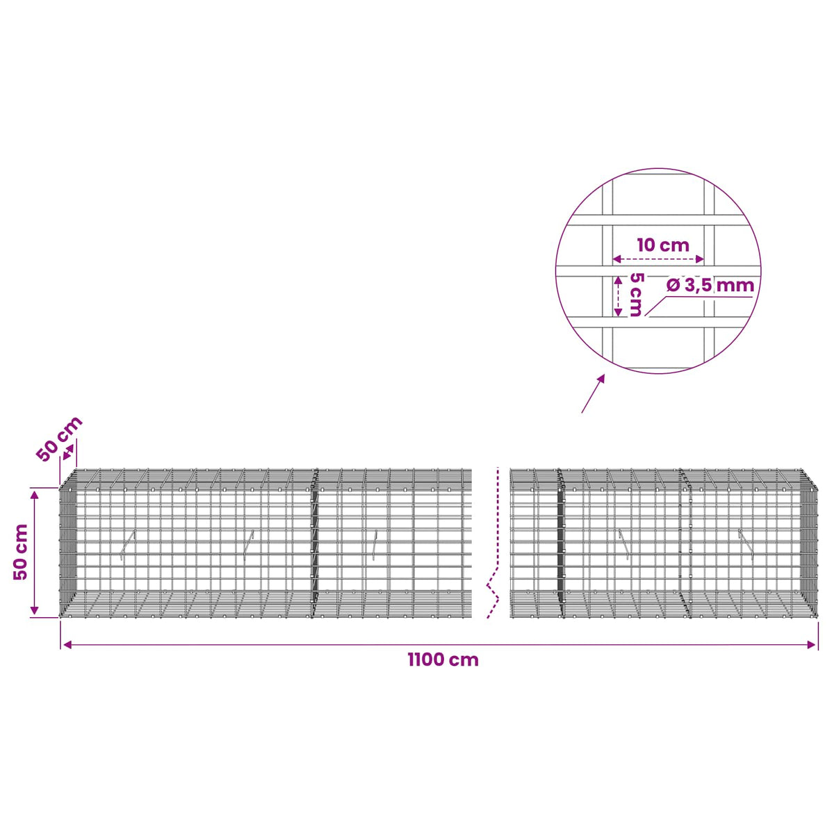 Gabionas su 3,5 mm viela ir 5x10 cm tinkleliu 1100x50x50 cm