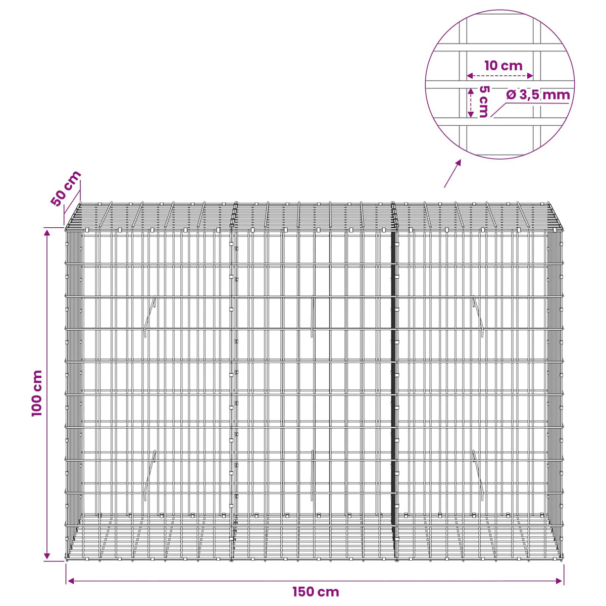 Gabionas su 3,5 mm viela ir 5x10 cm tinkleliu 150x50x100 cm