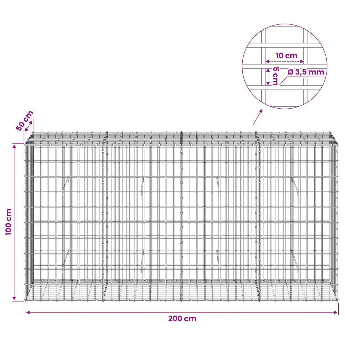 Gabionas su 3,5 mm viela ir 5x10 cm tinkleliu 200x50x100 cm