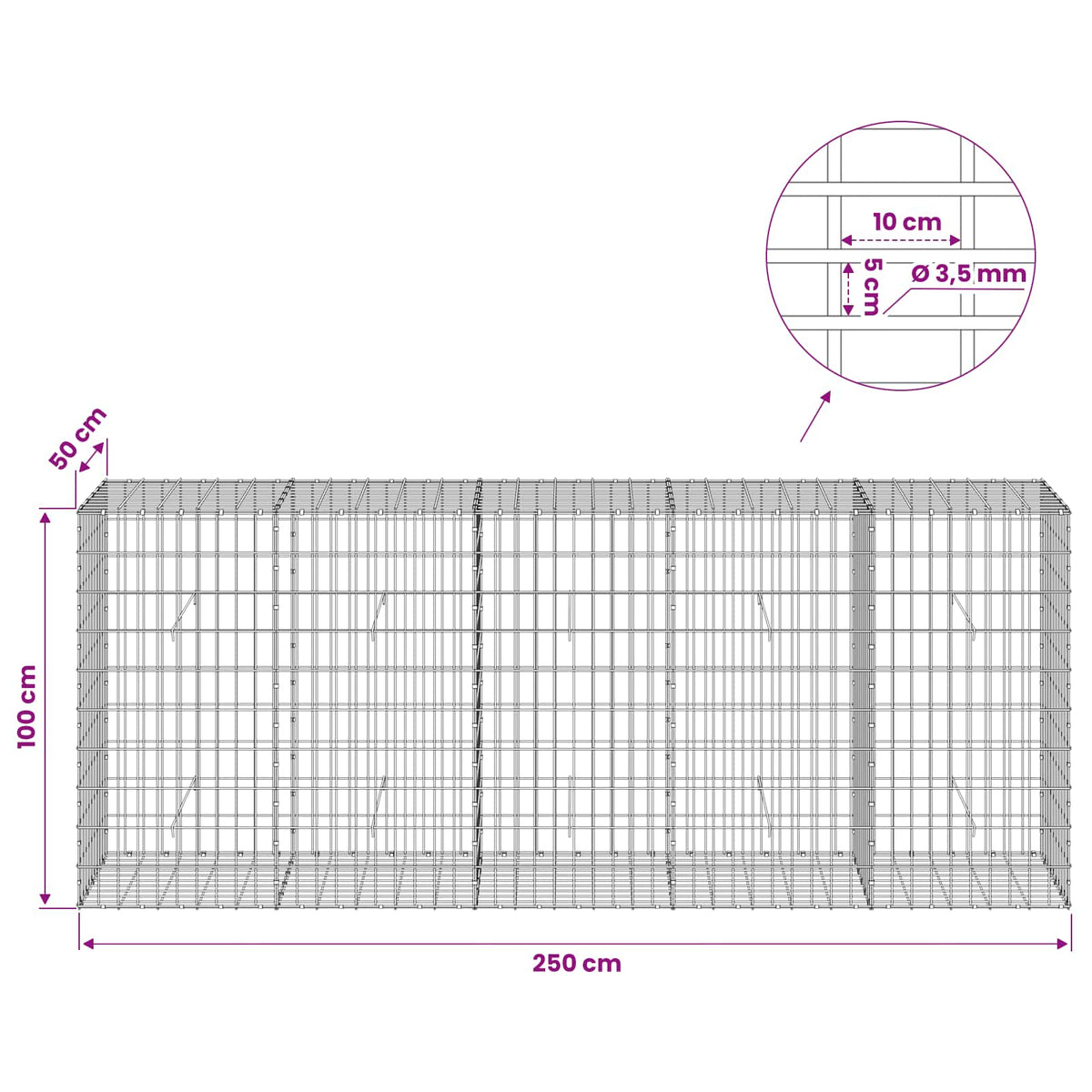 Gabionas su 3,5 mm viela ir 5x10 cm tinkleliu 250x50x100 cm