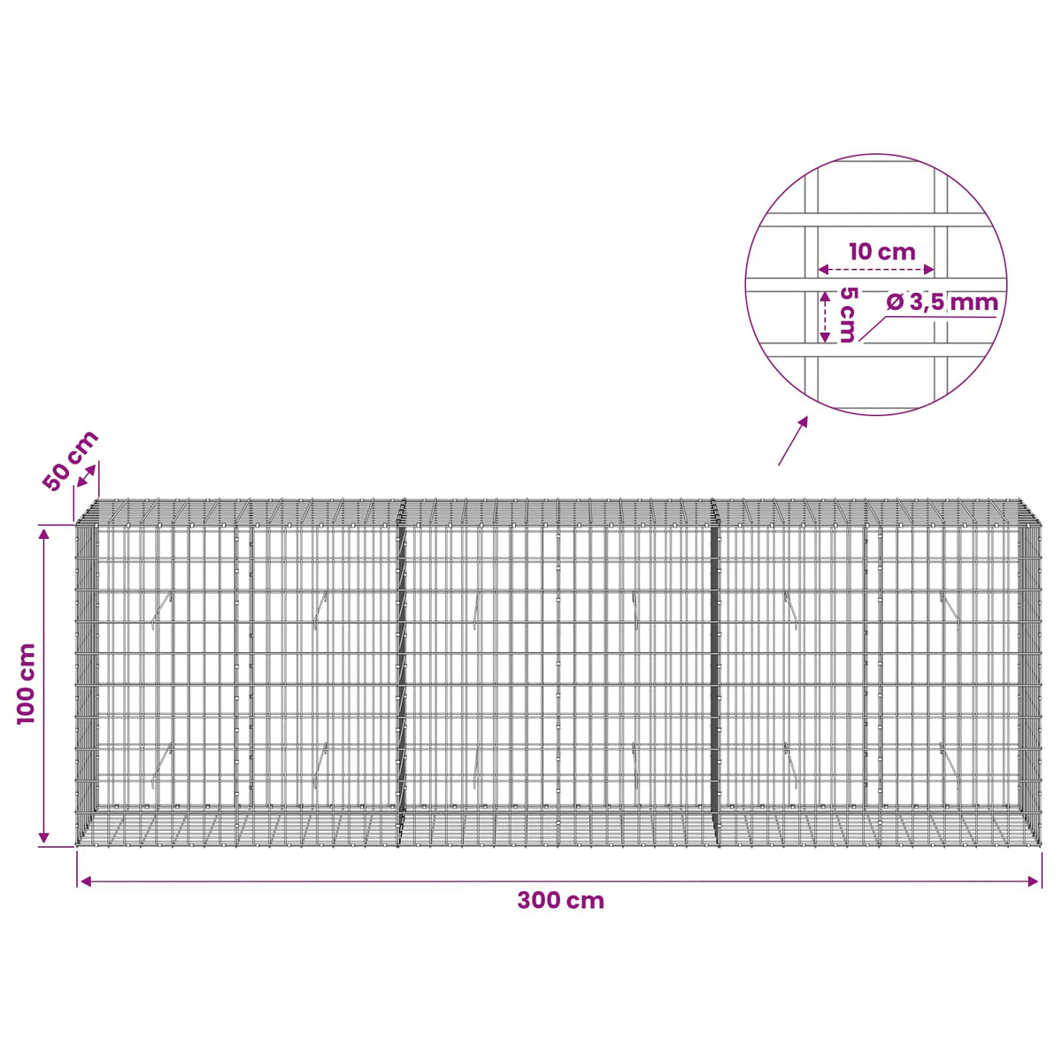 Gabionas su 3,5 mm viela ir 5x10 cm tinkleliu 300x50x100 cm