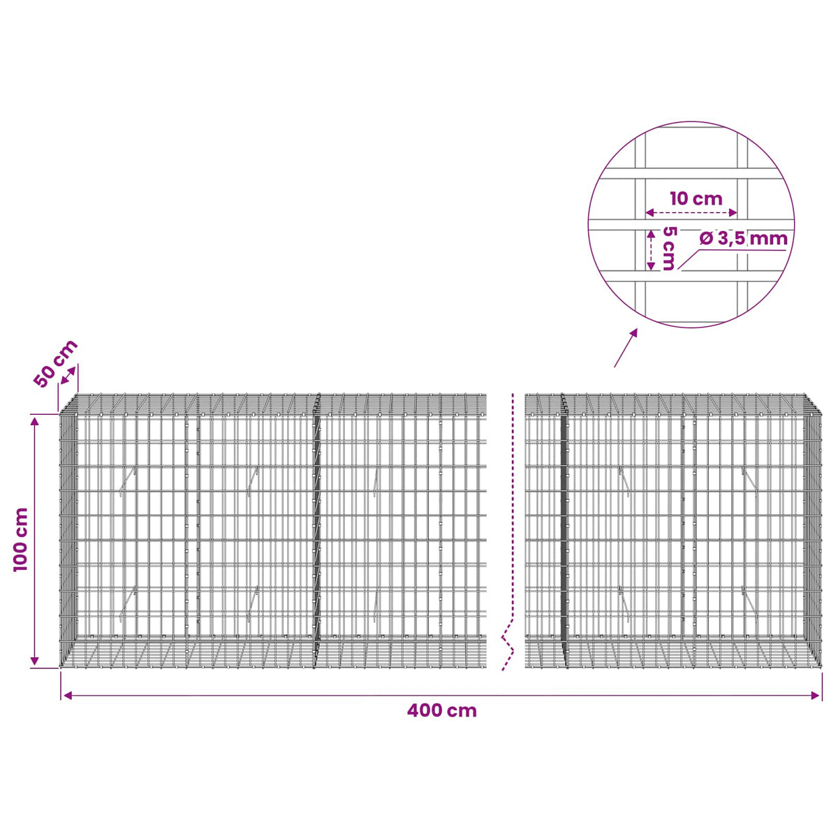 Gabionas su 3,5 mm viela ir 5x10 cm tinkleliu 400x50x100 cm