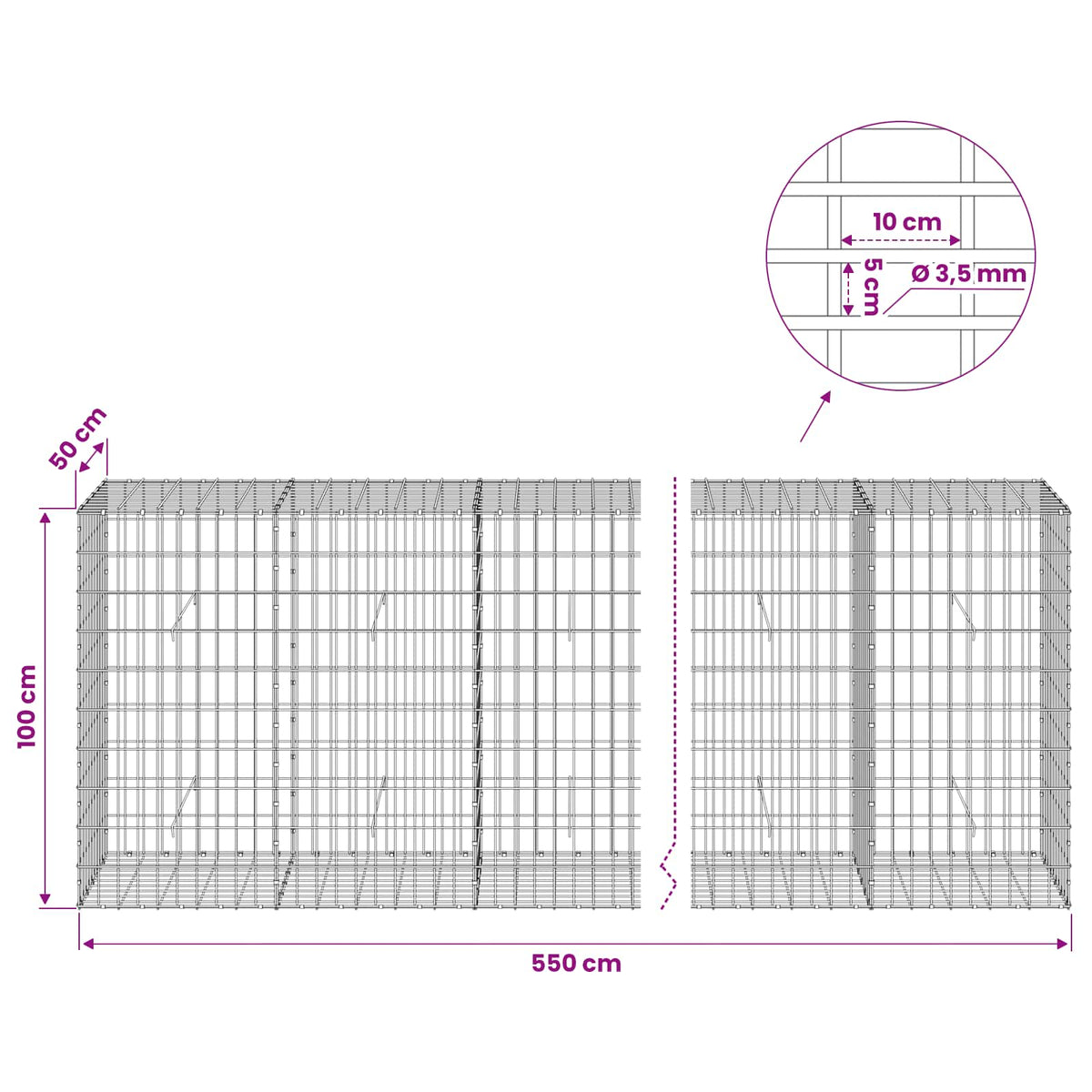 Gabionas su 3,5 mm viela ir 5x10 cm tinkleliu 550x50x100 cm