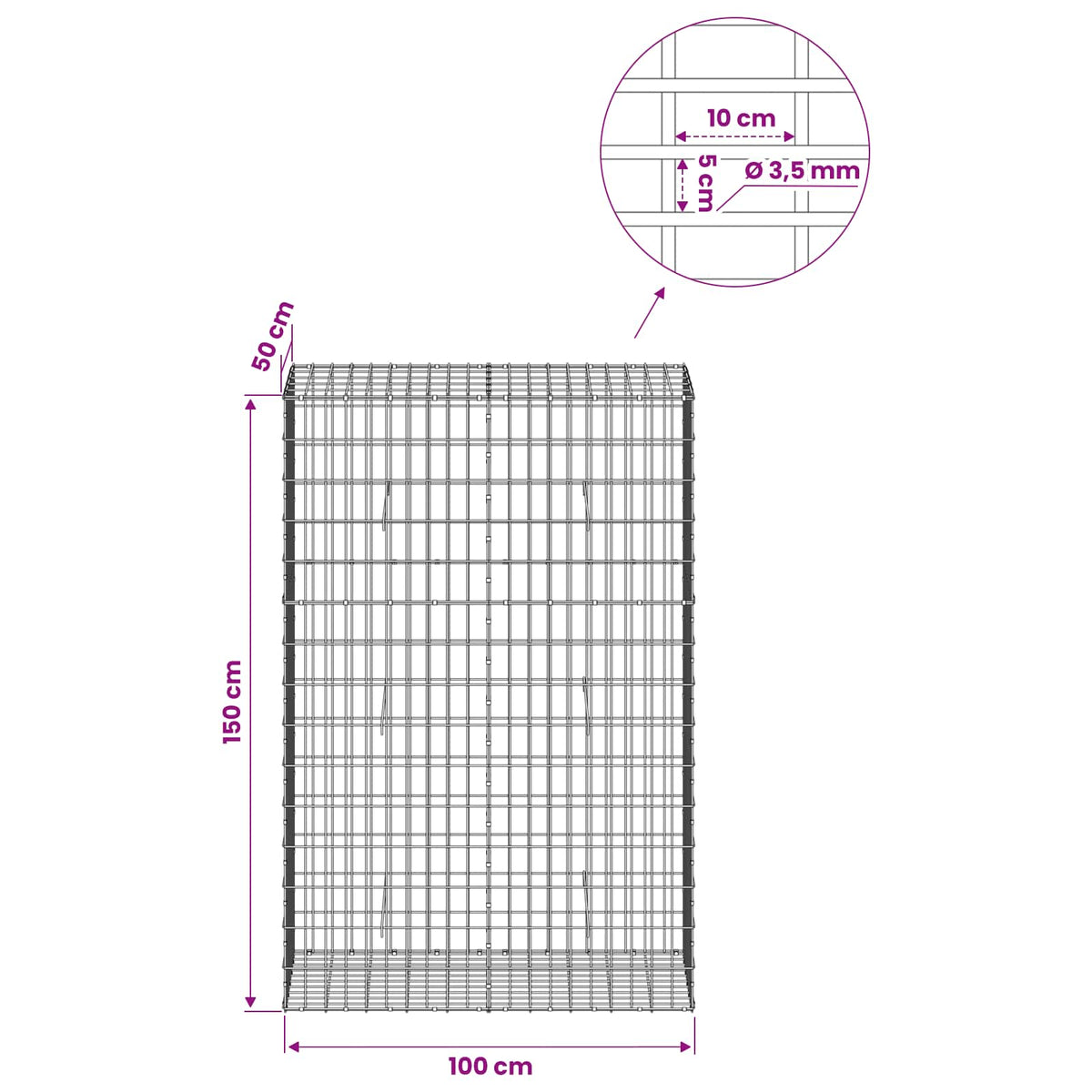 Gabionas su 3,5 mm viela ir 5x10 cm tinkleliu 100x50x150 cm