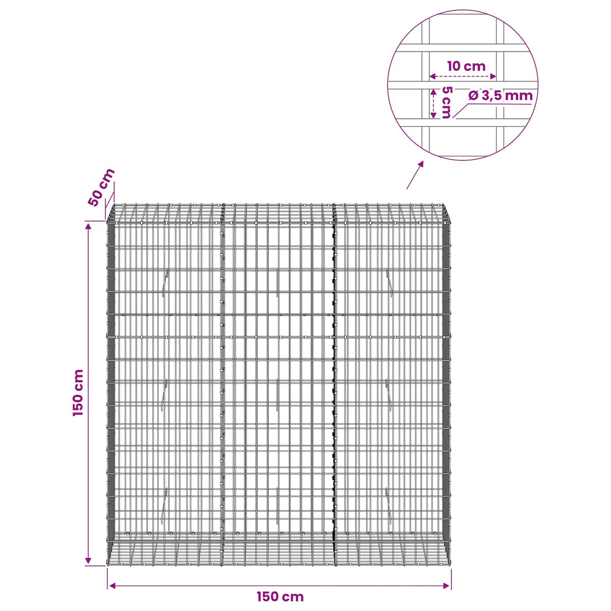 Gabionas su 3,5 mm viela ir 5x10 cm tinkleliu 150x50x150 cm