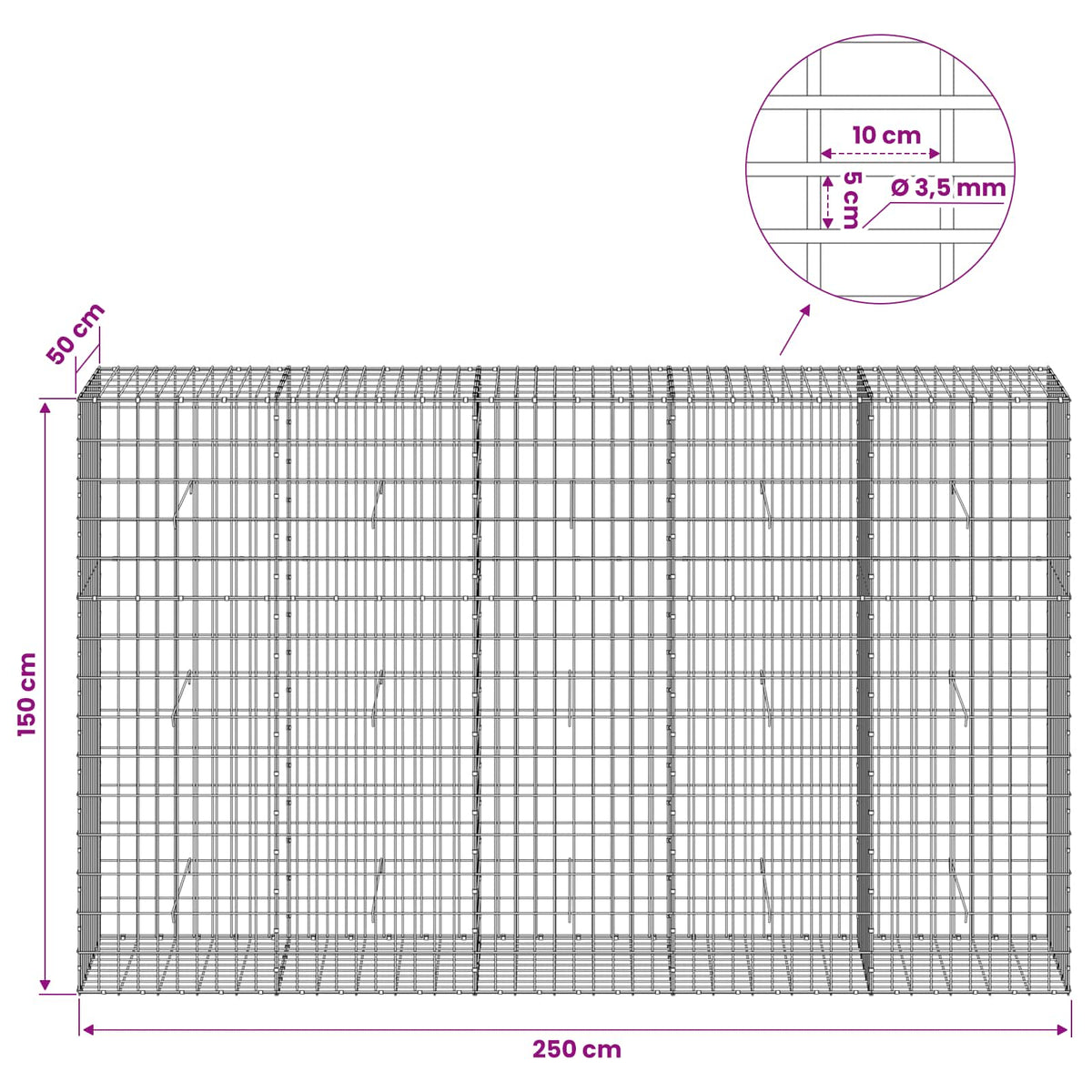 Gabionas su 3,5 mm viela ir 5x10 cm tinkleliu 250x50x150 cm