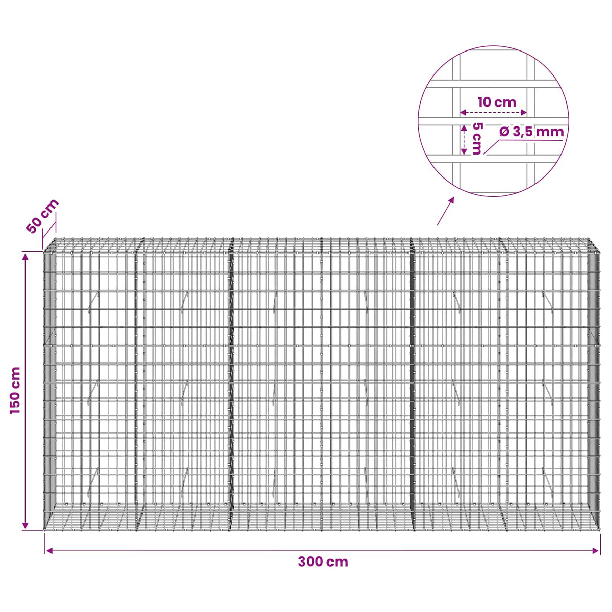 Gabionas su 3,5 mm viela ir 5x10 cm tinkleliu 300x50x150 cm
