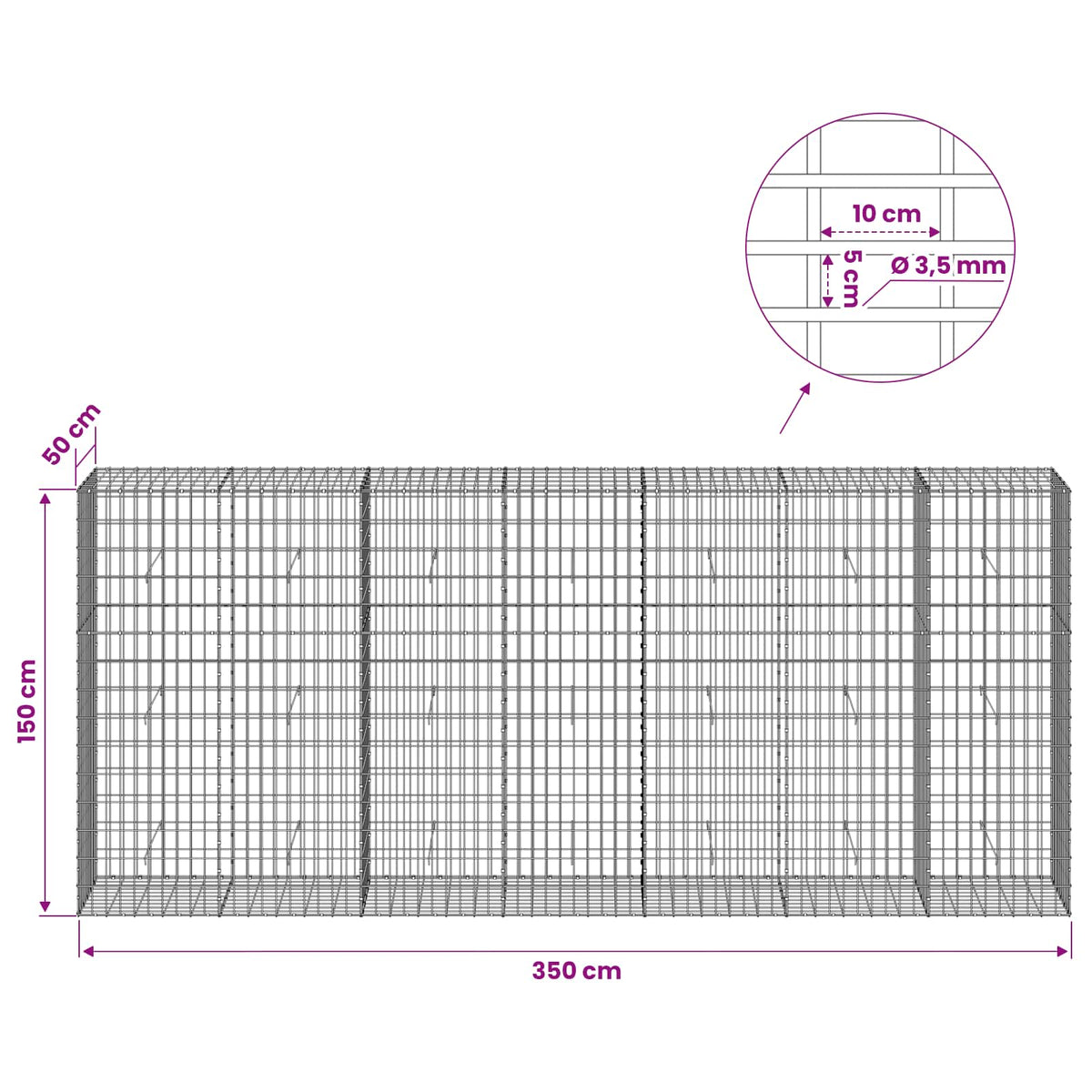 Gabionas su 3,5 mm viela ir 5x10 cm tinkleliu 350x50x150 cm