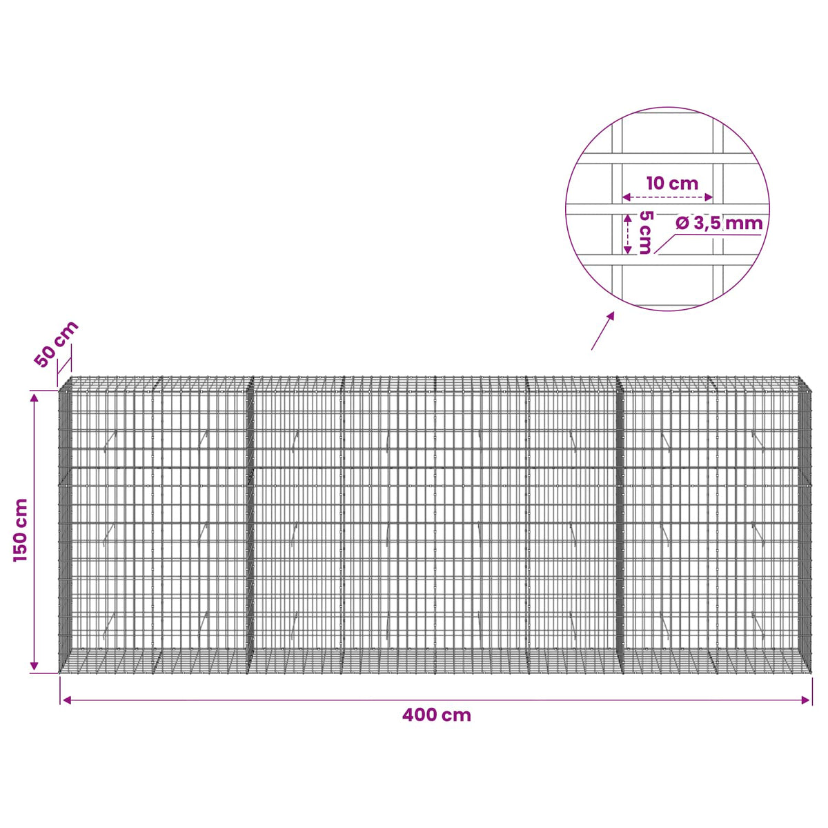 Gabionas su 3,5 mm viela ir 5x10 cm tinkleliu 400x50x150 cm