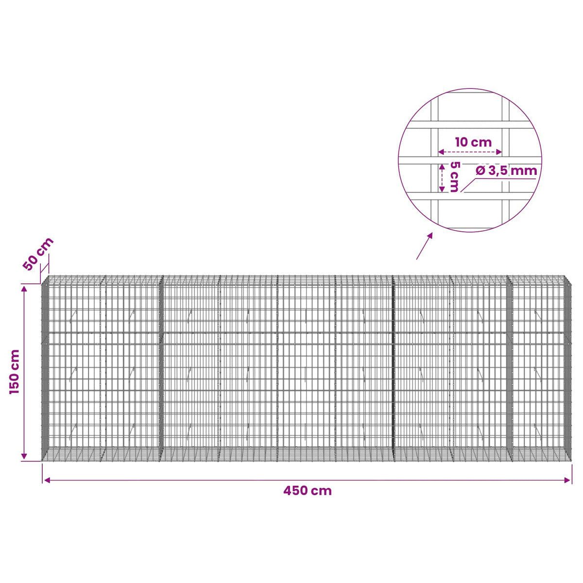 Gabionas su 3,5 mm viela ir 5x10 cm tinkleliu 450x50x150 cm