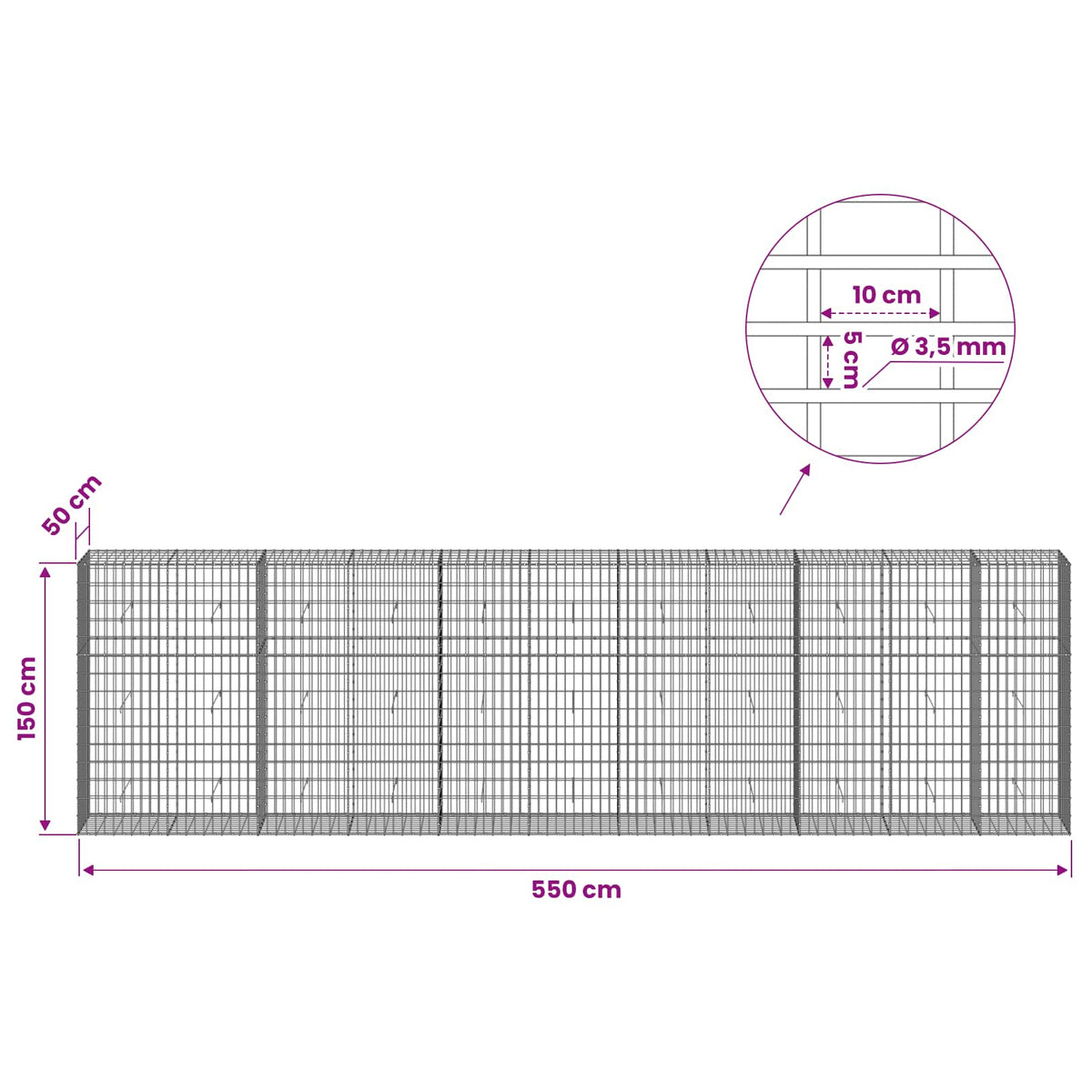 Gabionas su 3,5 mm viela ir 5x10 cm tinkleliu 550x50x150 cm