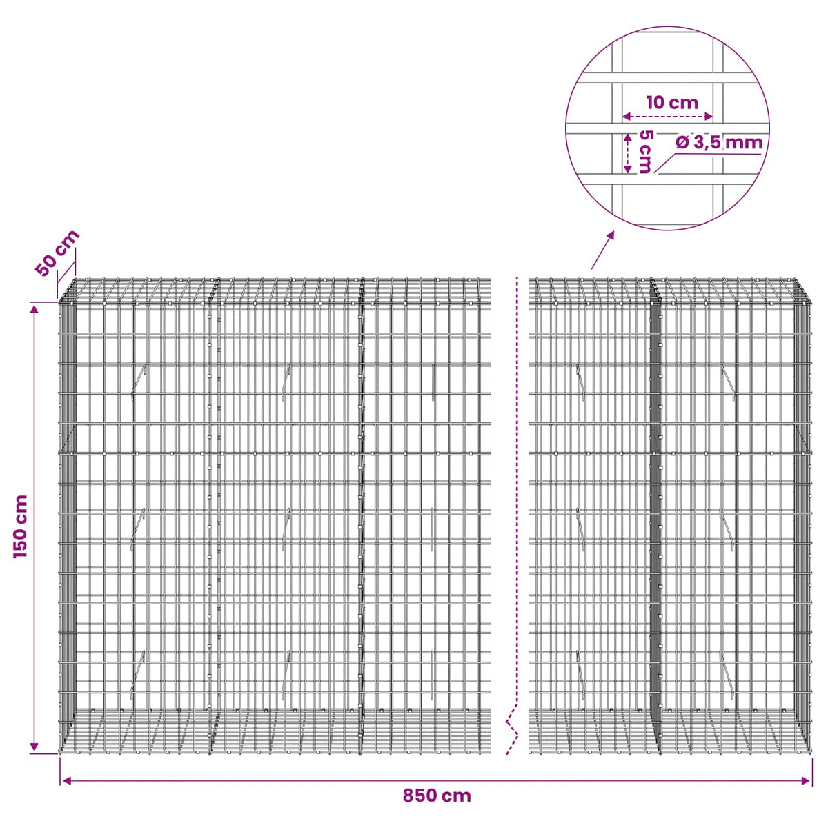 Gabionas su 3,5 mm viela ir 5x10 cm tinkleliu 850x50x150 cm