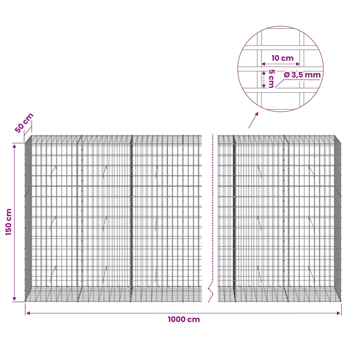 Gabionas su 3,5 mm viela ir 5x10 cm tinkleliu 1000x50x150 cm