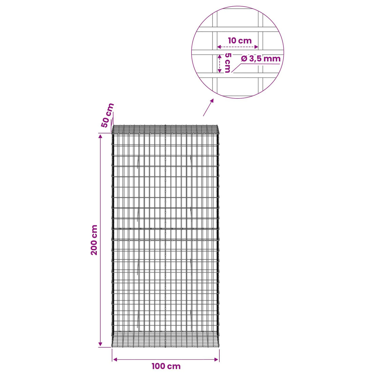 Gabionas su 3,5 mm viela ir 5x10 cm tinkleliu 100x50x200 cm