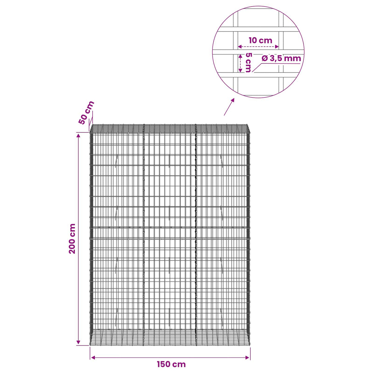 Gabionas su 3,5 mm viela ir 5x10 cm tinkleliu 150x50x200 cm